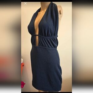 Navy Deep-V Cutout Knit Thick Terry Towel Spa/ Beach/ Coverup Dress